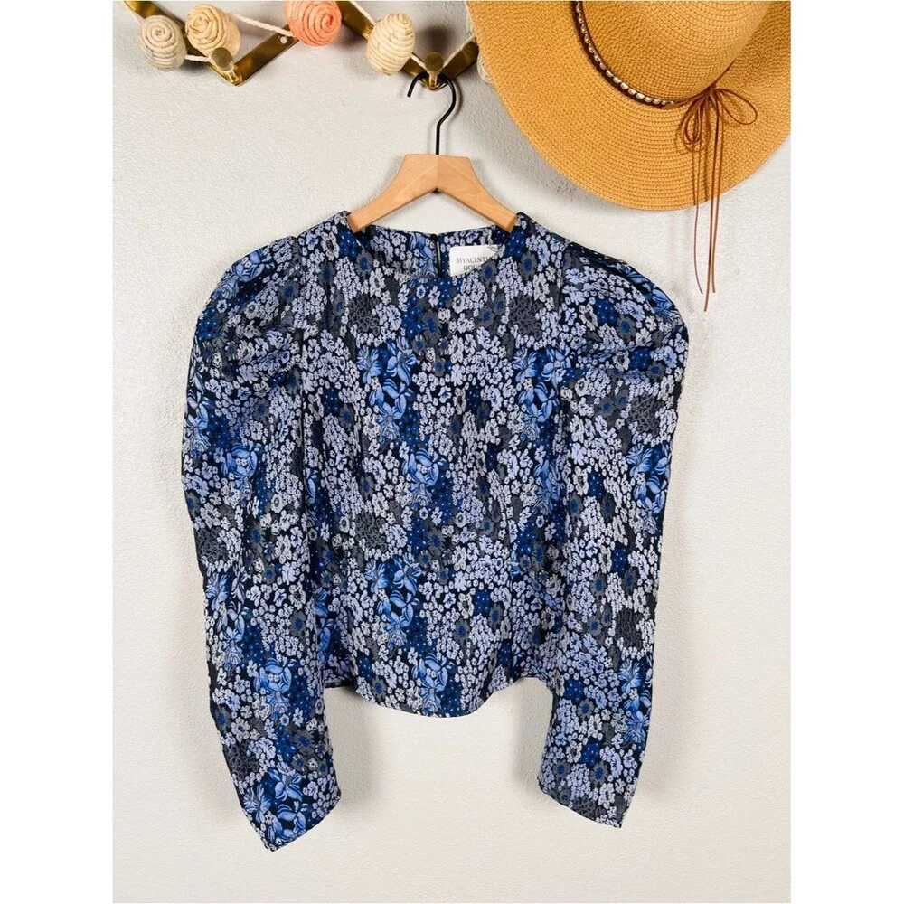 Hyacinth House Priscilla Puff Sleeve Top Blue Floral Jacquard Size Small